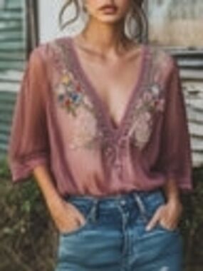 Futario - Embroidered V-Neck Peasant Blouse - Mauve